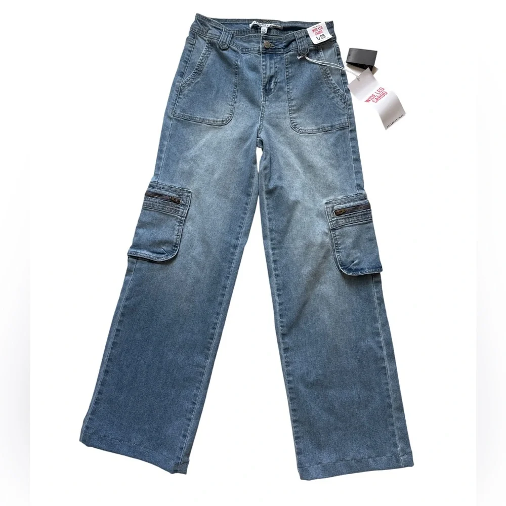 Y2K Mid-Rise Wide-Leg Cargo Baggy Jeans Sz 25 Blue Denim Utility 90s Gorpcore
